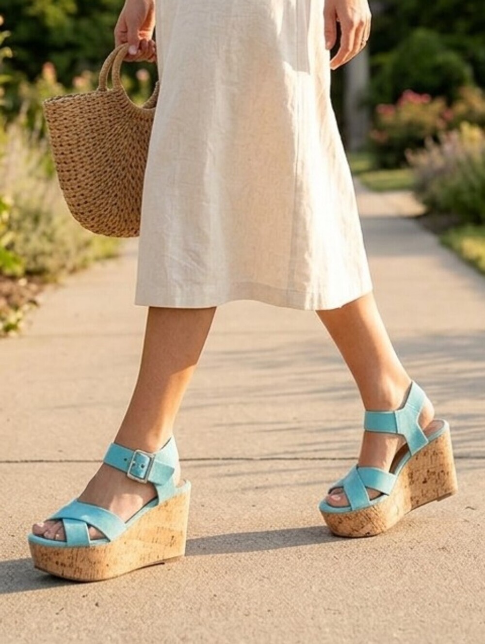 ​Marc Fisher LTD Cacie Light Green Suede Cork Platform Wedge Sandals Size 7.5 M